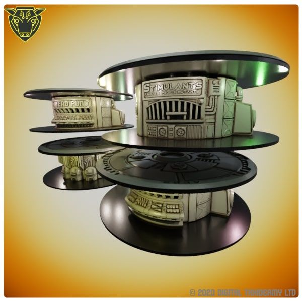 Sci-Fi Spool Tower: Shop Fronts and Kiosks